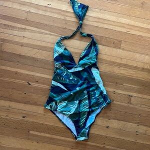 Princess Tam tam wear Lemonade deep v-neck halter matte botanical leaf swimsuit